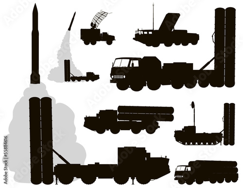 Anti-aircraft warfare vector silhouettes set