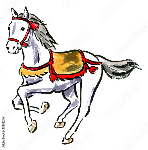 駆ける飾り付き白馬