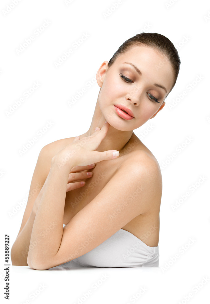 Portrait of woman touching herself, isolated on white Portrait of woman touching herself, isolated on white