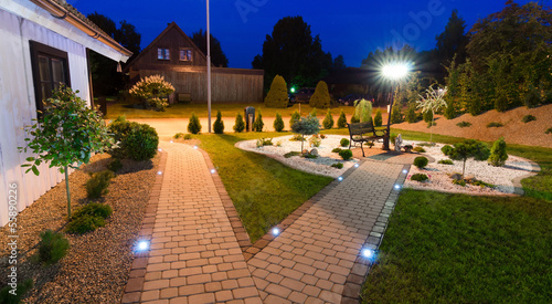 Panoramic view for modern villa garden at night