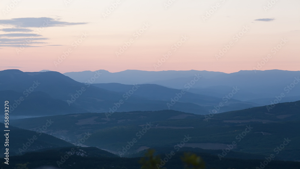 Majestic sunset in the mountains landscape. Crimea, Ukraine