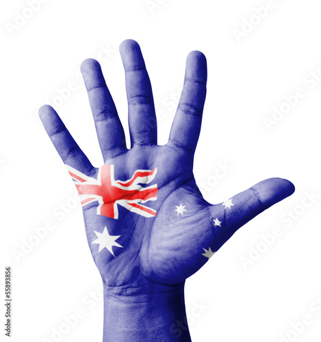 Open hand raised, multi purpose concept, Australia flag painted
