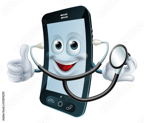 Cartoon phone character holding a stethoscope