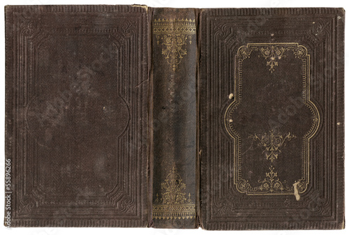 Antique open book cover in decorated brown canvas - circa 1880 - isolated on white