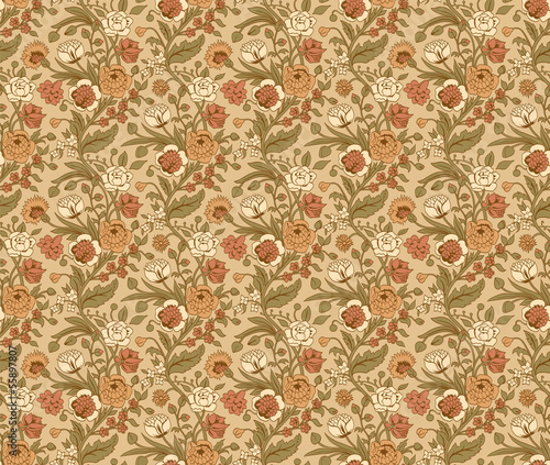 Beige seamless pattern with a vintage flower bouquets
