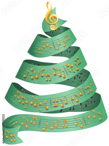 Christmas tree from ribbon with golden music dots