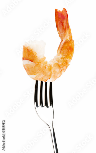 Shrimp Linguine on a fork, isolated on white background