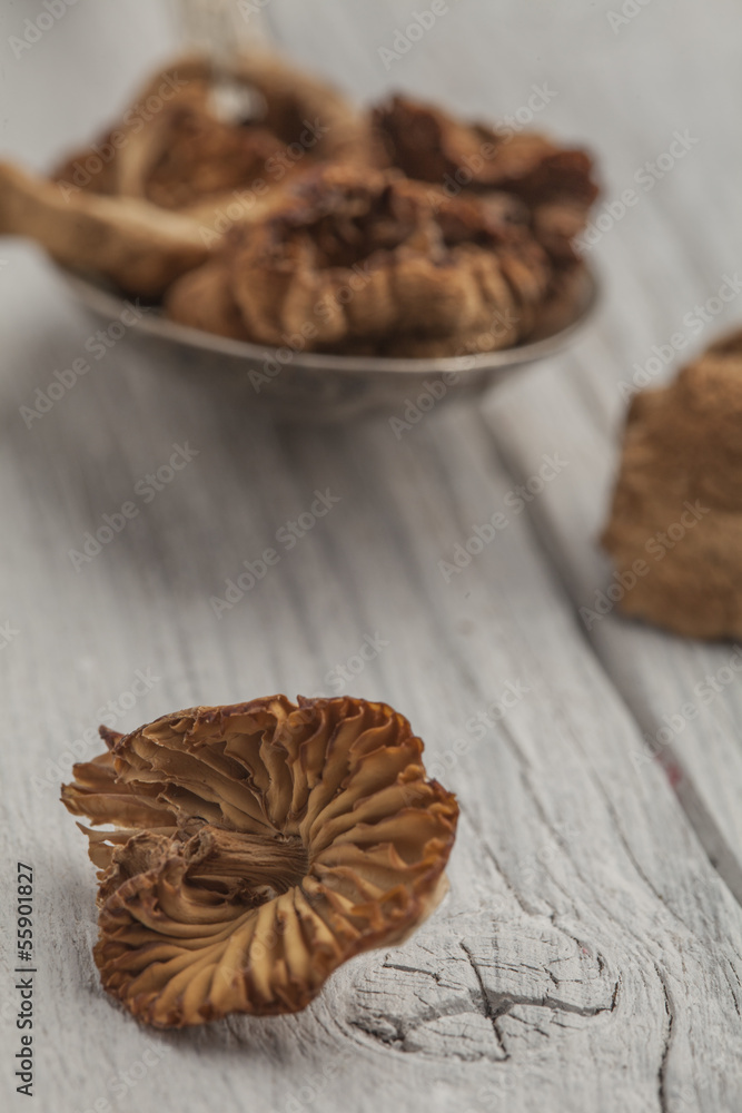 Dired mushrooms on a spoon over a wooden background Dired mushrooms on a spoon over a wooden background