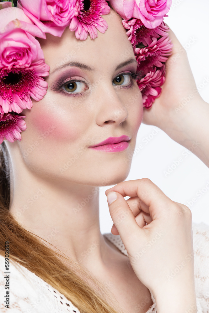 beautiful face with pink flowers beautiful face with pink flowers