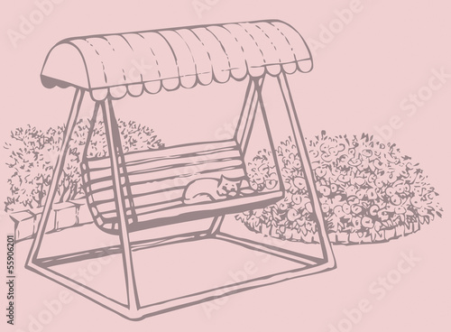 Vector drawing bench-swing near a blossoming flower beds