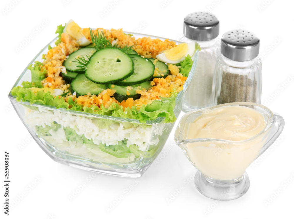 Delicious salad with eggs, cabbage and cucumbers, isolated