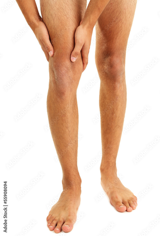 Young man with knee pain, isolated on white Young man with knee pain, isolated on white