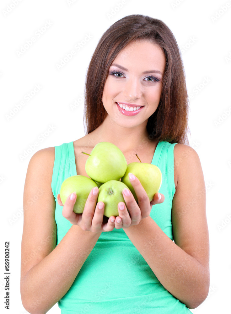 Beautiful young woman with green apples isolated on white Beautiful young woman with green apples isolated on white