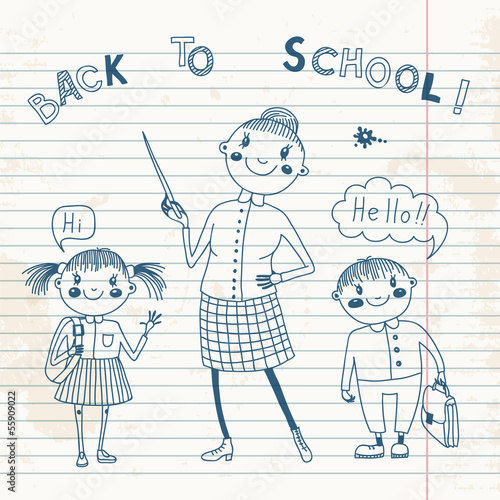 The teacher with the students. Back to school.