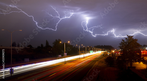 Rare Thunderstorm Producing Lightning Over Tacoma Washington I-5
