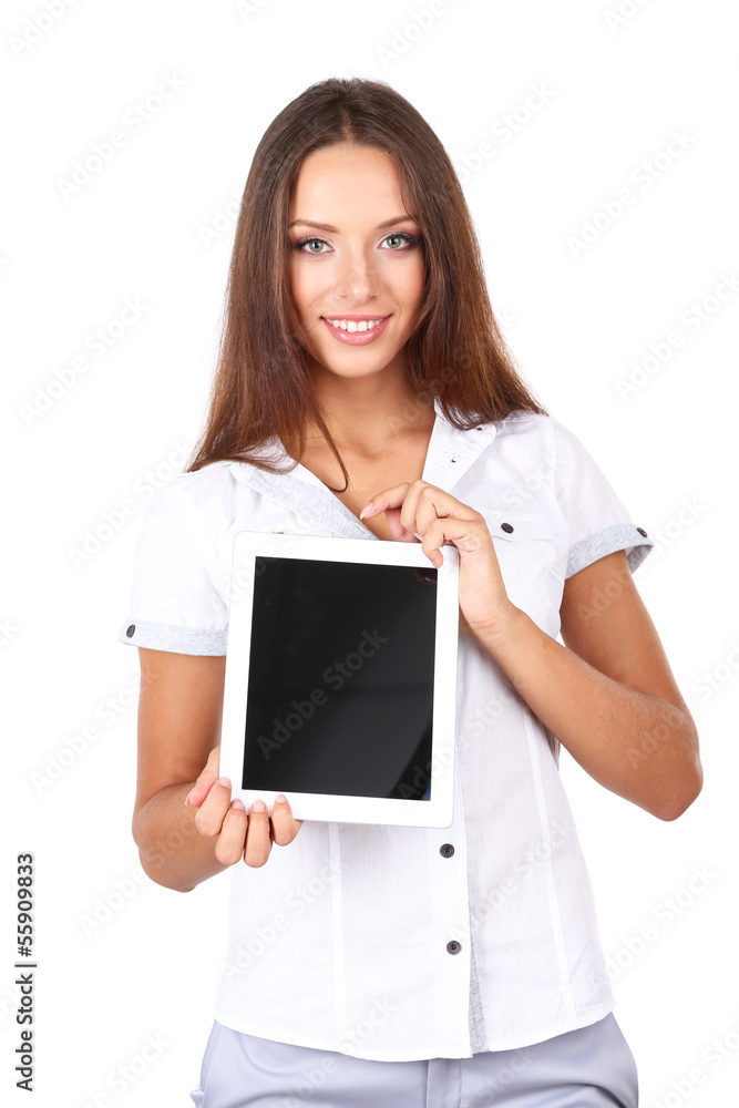 Young beautiful business woman with tablet isolated on white Young beautiful business woman with tablet isolated on white