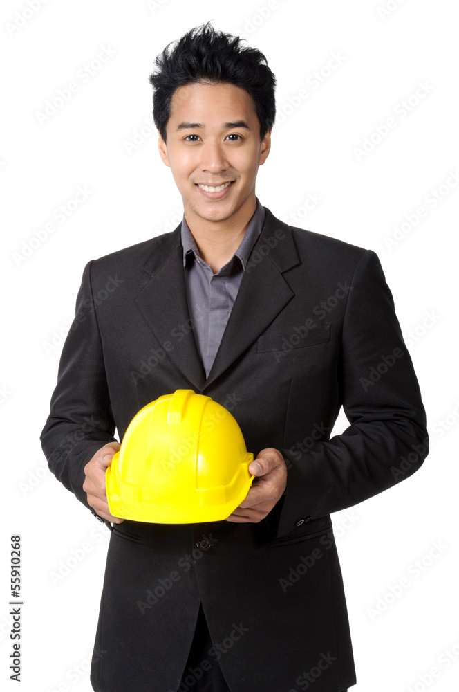 young foreman or engineer with yellow hard hat in suit isolated young foreman or engineer with yellow hard hat in suit isolated