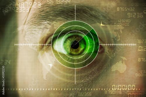 Modern man with cyber technology target military eye