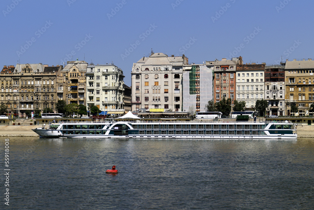 Cruiser with tourists on Danube River in Budapest, Hungary