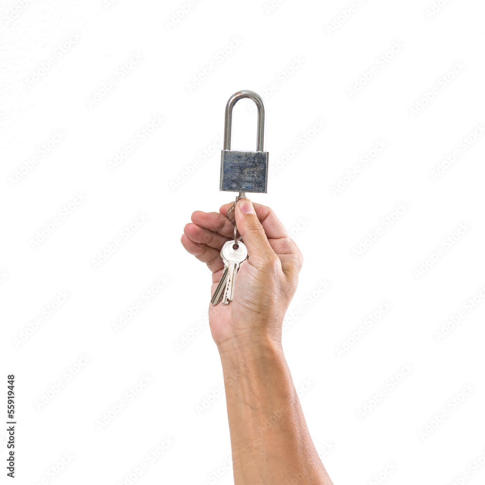 Man hand with key lock isolated on white background Man hand with key lock isolated on white background