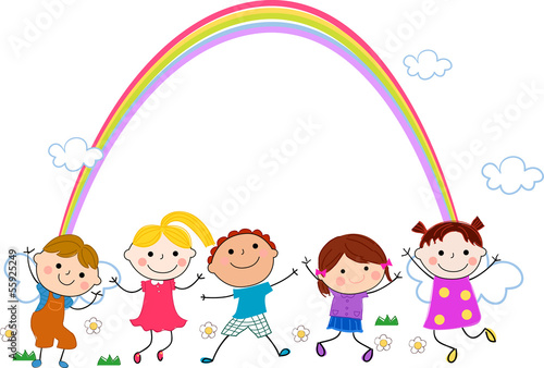 Group of children and rainbow