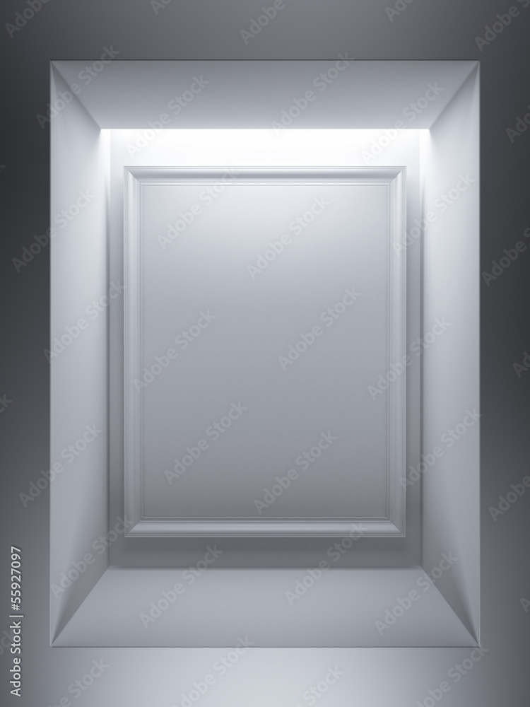 empty showcase with white poster