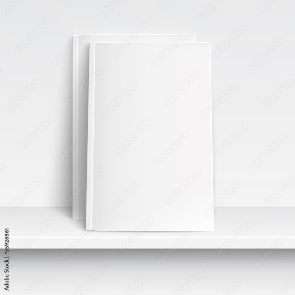 Two blank white magazines on white shelf.. Two blank white magazines on white shelf..