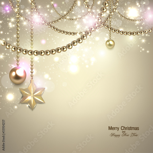Elegant christmas background with golden baubles and stars. Vect