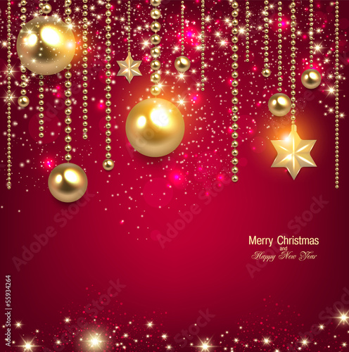 Elegant christmas background with golden baubles and stars. Vect