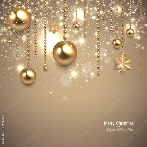 Elegant christmas background with golden baubles and stars. Vect