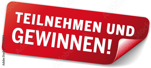 rotes Label Teilnehmen und Gewinnen