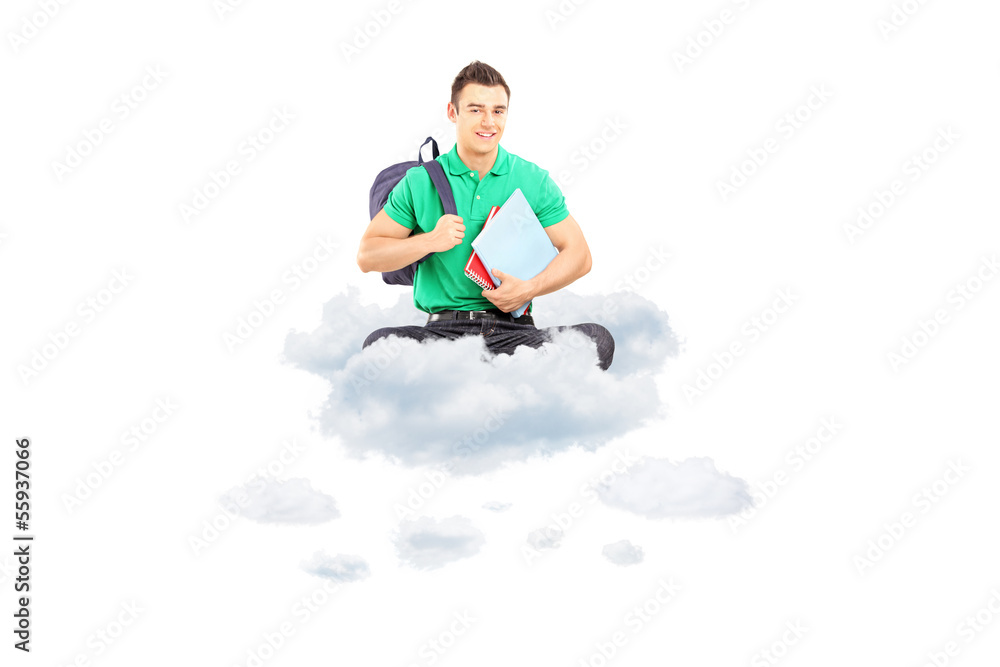 Young male student with bag and notebooks sitting on a cloud Young male student with bag and notebooks sitting on a cloud