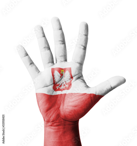 Open hand raised, multi purpose concept, Poland flag painted