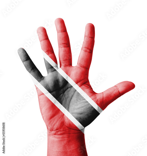 Open hand raised, Trinidad and Tobago flag painted