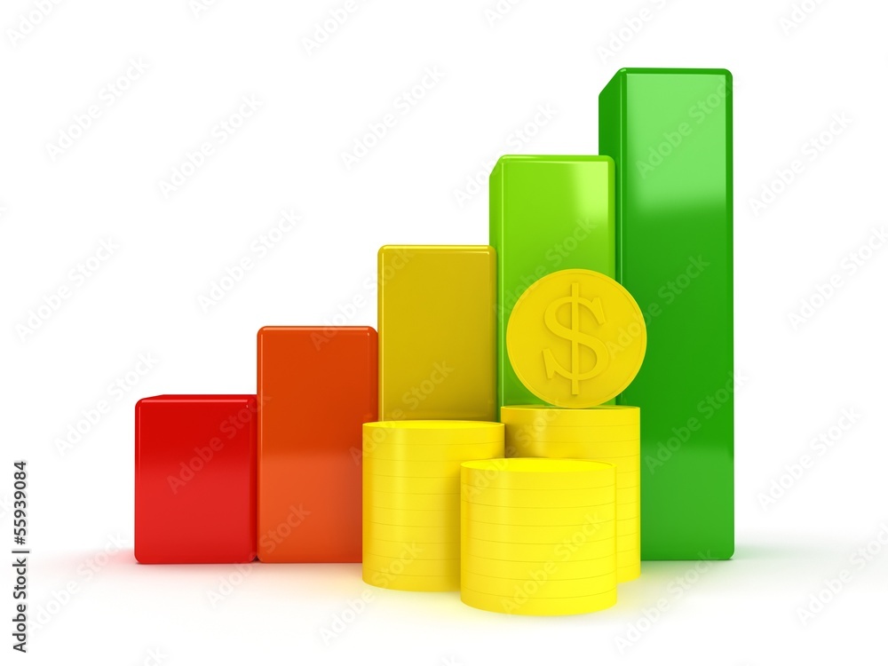 Colored bar graph with dollar coins Colored bar graph with dollar coins