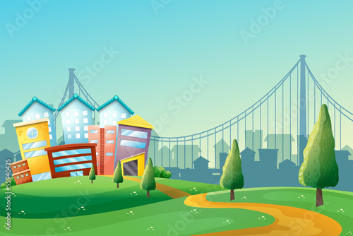 A pathway going to the colorful buildings in the city