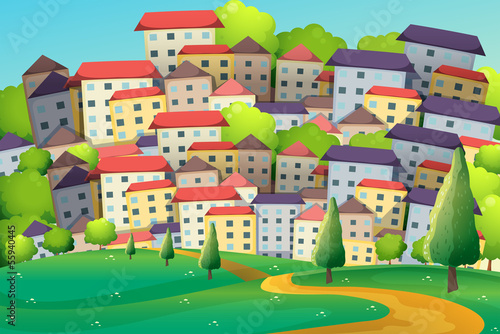 A city with tall buildings and tall trees