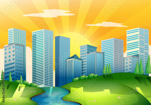 A river near the tall buildings