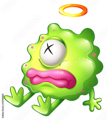 A dying green monster with pink lips