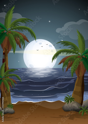 A beach with palm trees and a parola