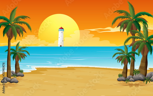 A quiet beach with a lighthouse