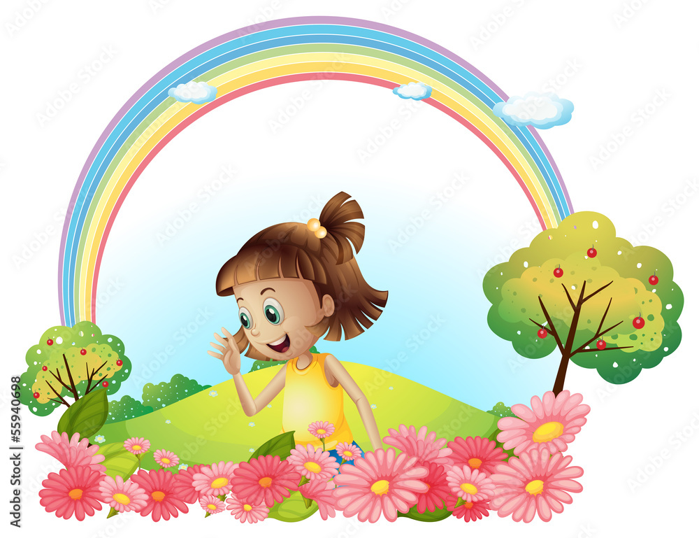 A smiling girl at the garden with pink blooming flowers A smiling girl at the garden with pink blooming flowers
