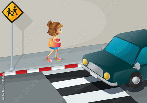 A small girl walking along the street with a shoulder bag