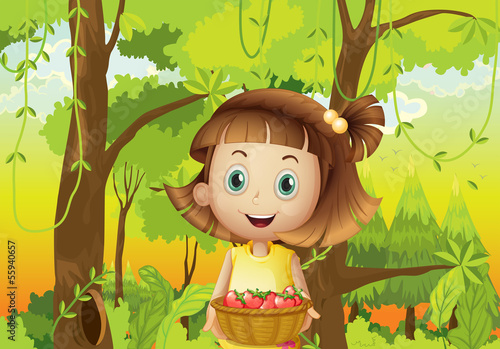 A young girl at the forest holding a basket of strawberries