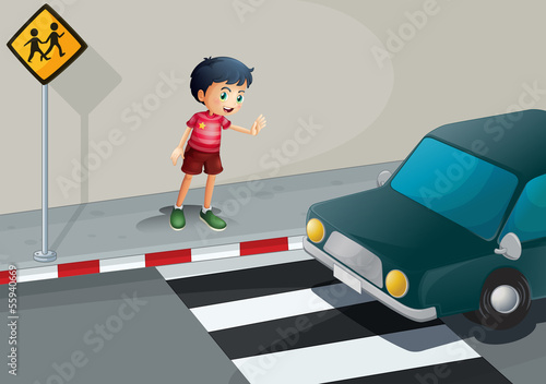 A boy stopping the car