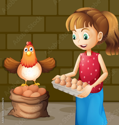 A farmer's wife collecting eggs
