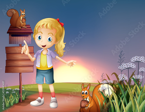 A girl at the hilltop with two squirrels and an empty signboard