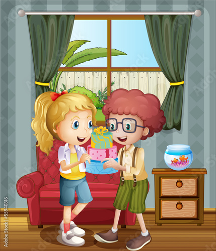 Two kids exchanging presents