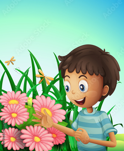 A boy in the garden with flowers and dragonflies