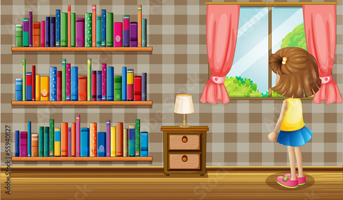 A girl inside the house with a collection of books